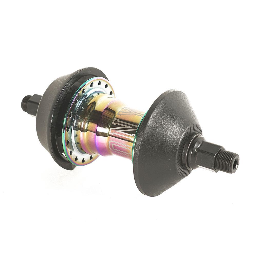 The Colony Clone Freecoaster Hub is a BMX hub featuring a multicolored metallic finish, black end caps, and a sleek cylindrical design, specifically made for easy attachment of bicycle spokes.