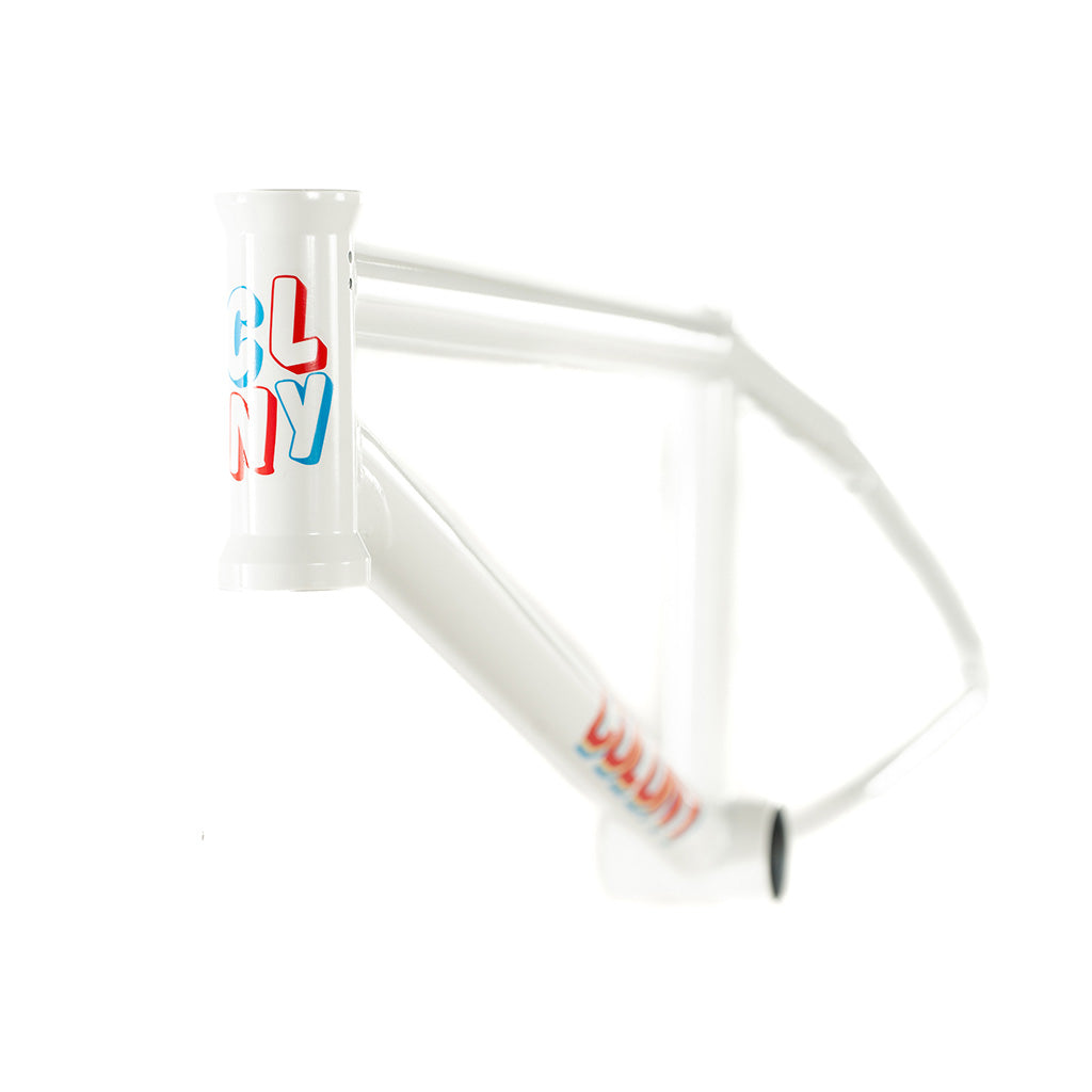 The Colony Enishi Flatland frame (Kio Hayakawa Signature), features a dynamic red, blue and white design on its white bicycle frame.