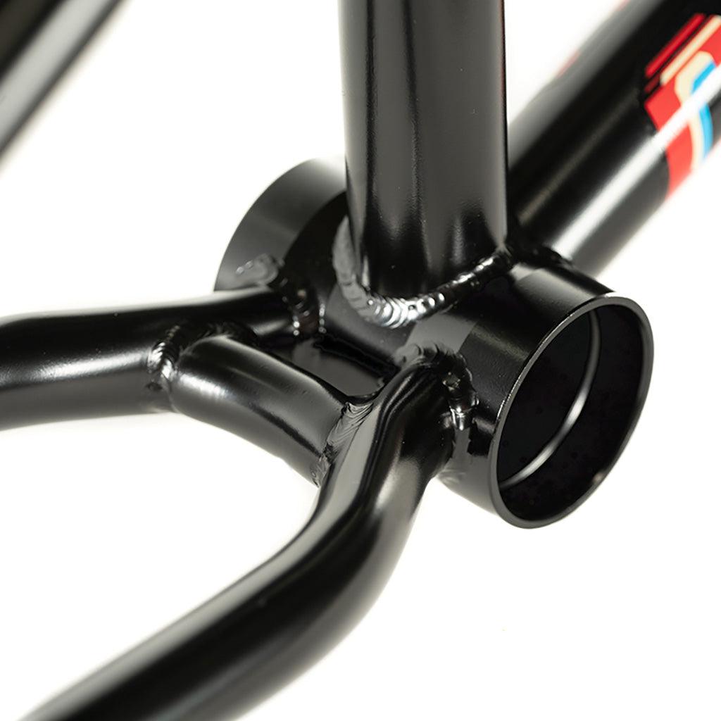 A close up view of a black Colony Enishi Flatland Frame (Kio Hayakawa Signature), designed as Kio Hayakawa's signature model for flatland riders.