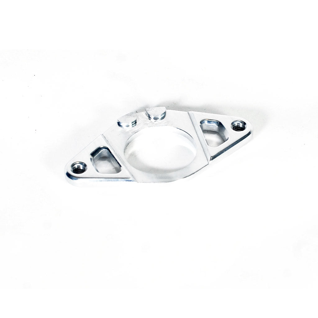 The Colony Gyro Plate is a CNC-machined silver metal mounting bracket crafted from 6061T6 Alloy. It features three screw holes, ideal for securely fastening components.
