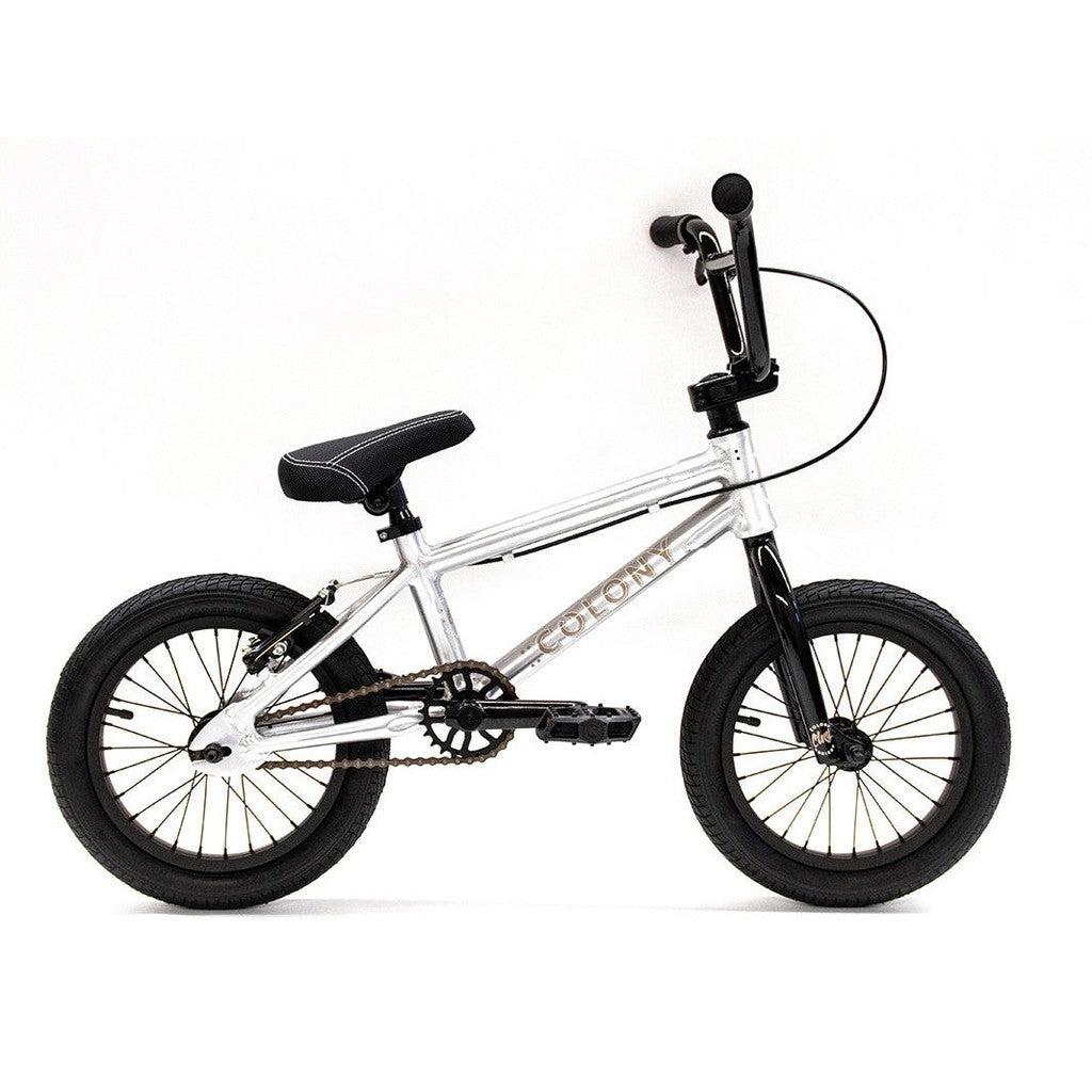 The Colony Horizon 14 Inch Bike, a sleek silver BMX with a lightweight alloy frame and black handlebars, seat, and tires, stands proudly against a plain white backdrop.