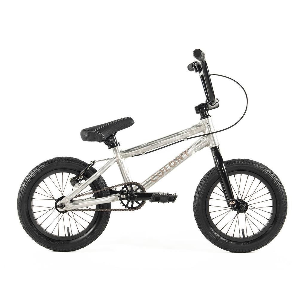 The Colony Horizon 14 Inch Bike, a small silver BMX with black handlebars, seat, and tires, is displayed against a white background—ideal for BMX Freestyle enthusiasts.