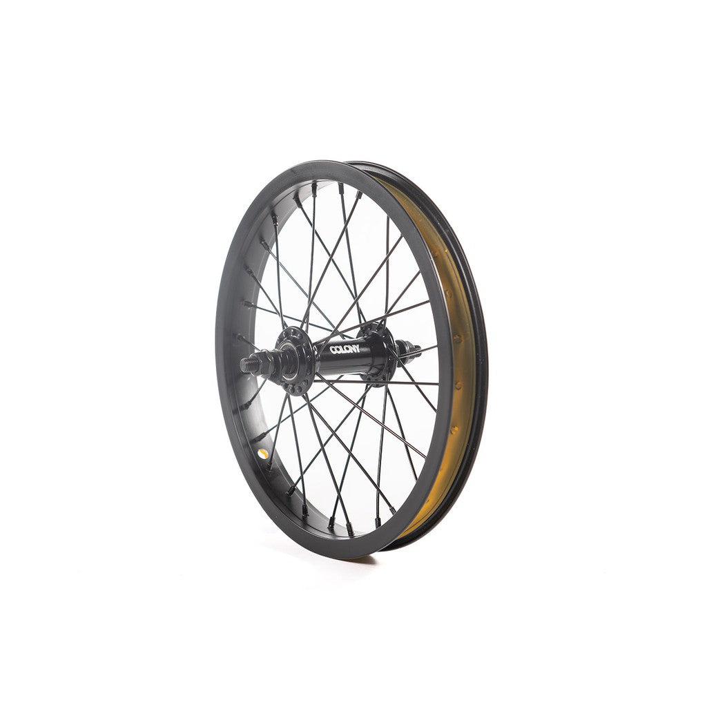 The Colony Horizon 14 Inch Front Wheel, featuring black spokes and a metallic rim, is displayed upright against a white background.
