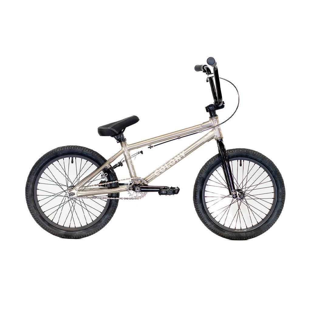 A side view of the Colony Horizon 18 Inch Freestyle BMX Bike, featuring silver color with black handlebars, seat, and tires.