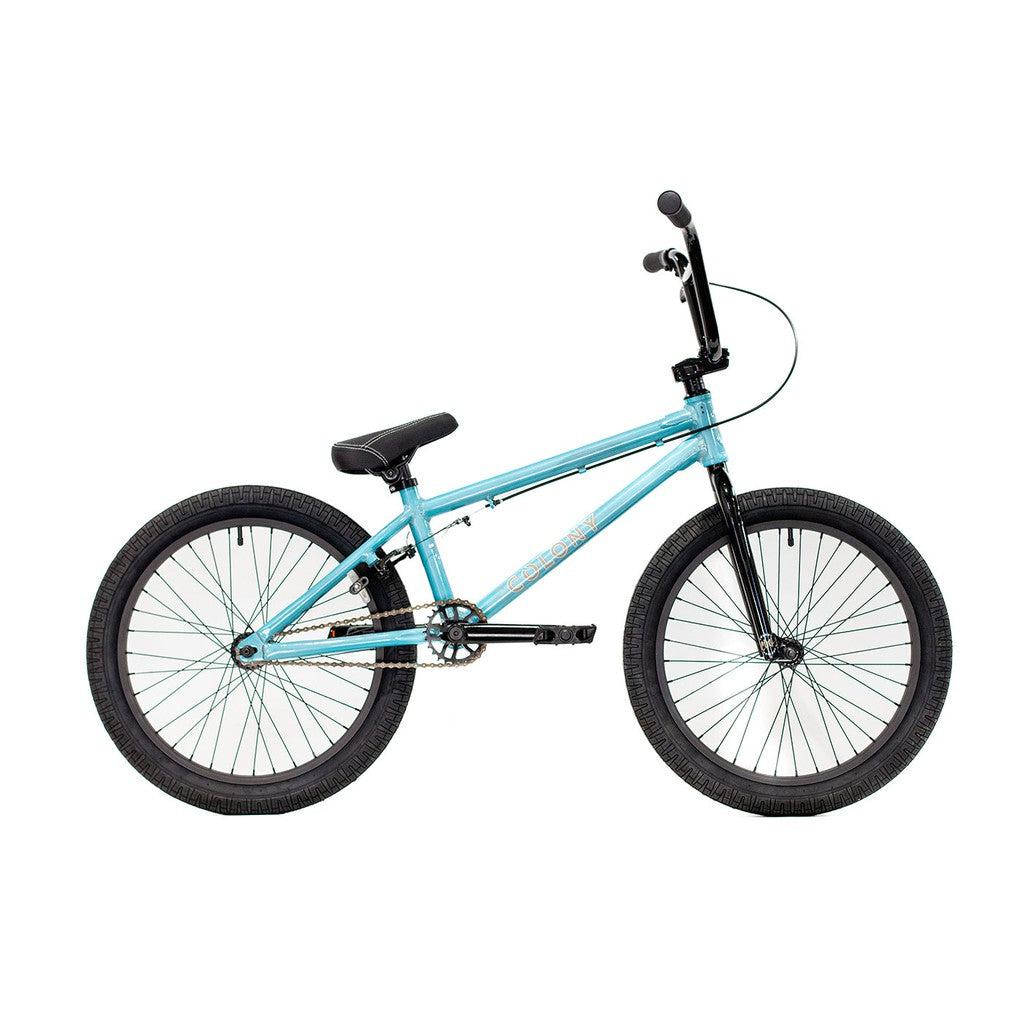 The Colony Horizon 20 Inch Bike is shown in profile on a white background, featuring a blue frame with black handlebars, seat, and tires, and constructed with a lightweight alloy frame.