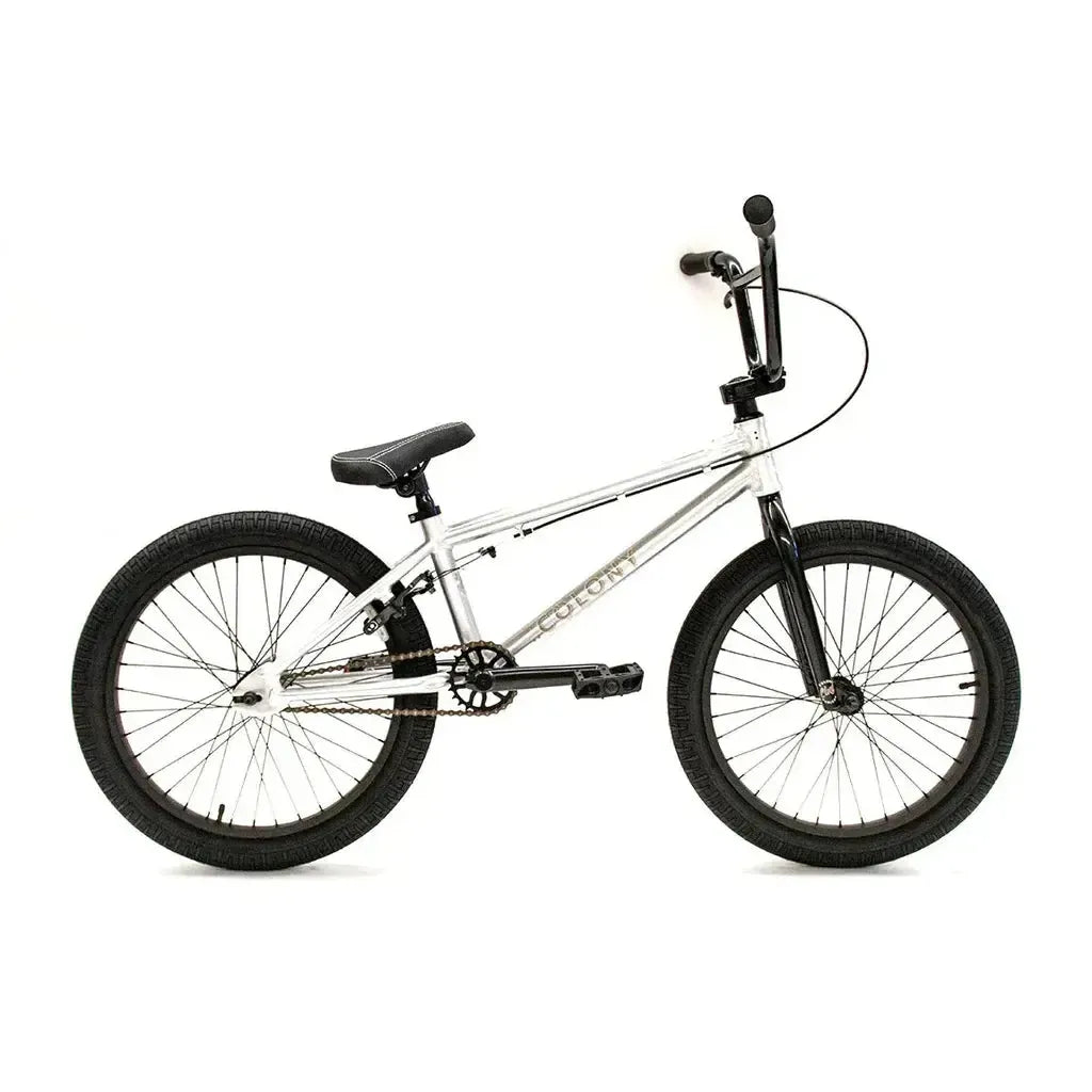 The Colony Horizon 20 Inch Bike, shown from the side against a white background, features a silver frame with black handlebars, seat, pedals, and wheels—ideal for BMX freestyle riders.