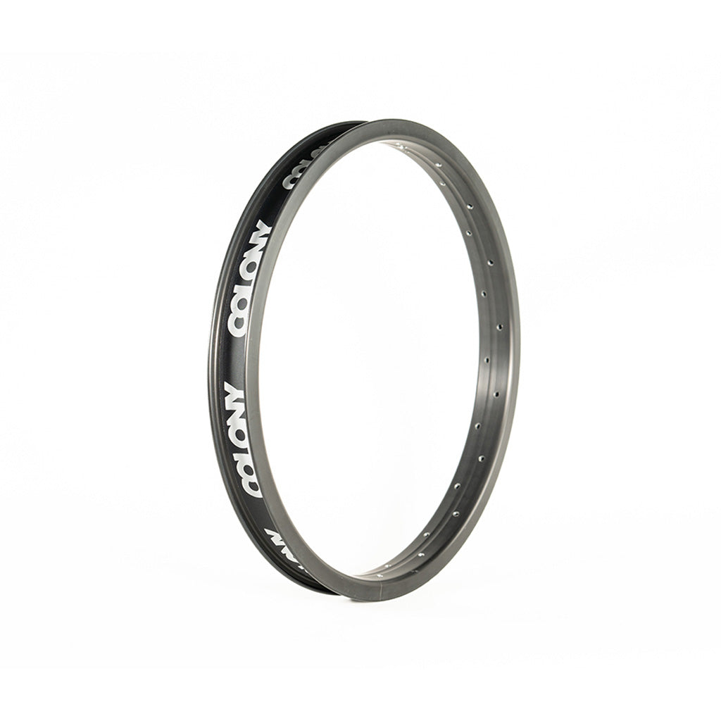 The Colony Pintour 18 Inch Rim is ideal for budget-friendly BMX riders, showcasing a sleek gray finish with "Colony" printed in white around the edge on a clean white background.