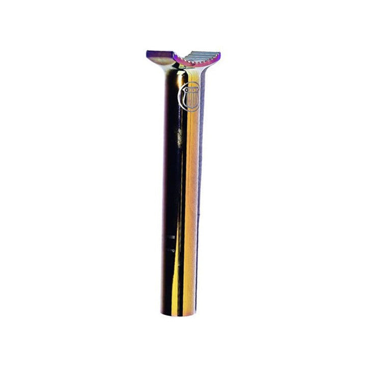 The Colony Pivotal Seat Post (185mm) features a metallic rainbow finish in Stump style with Pivotal technology and is shown standing upright on a white background.