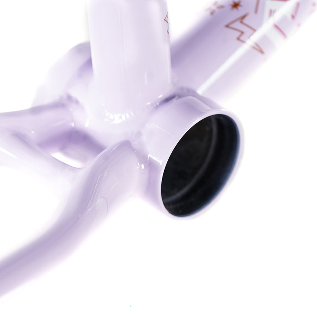 A close up of the Paterico Fallico technical wizard's Colony Rico 'Lite' Frame purple bicycle frame.