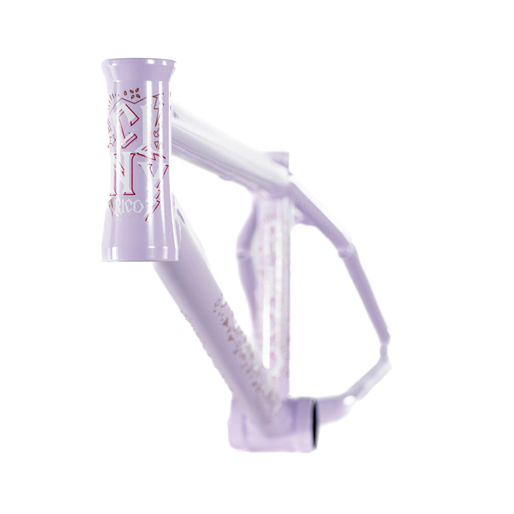 The Colony Rico 'Lite' Frame, designed by Paterico Fallico, features a striking white design on its vibrant purple frame.