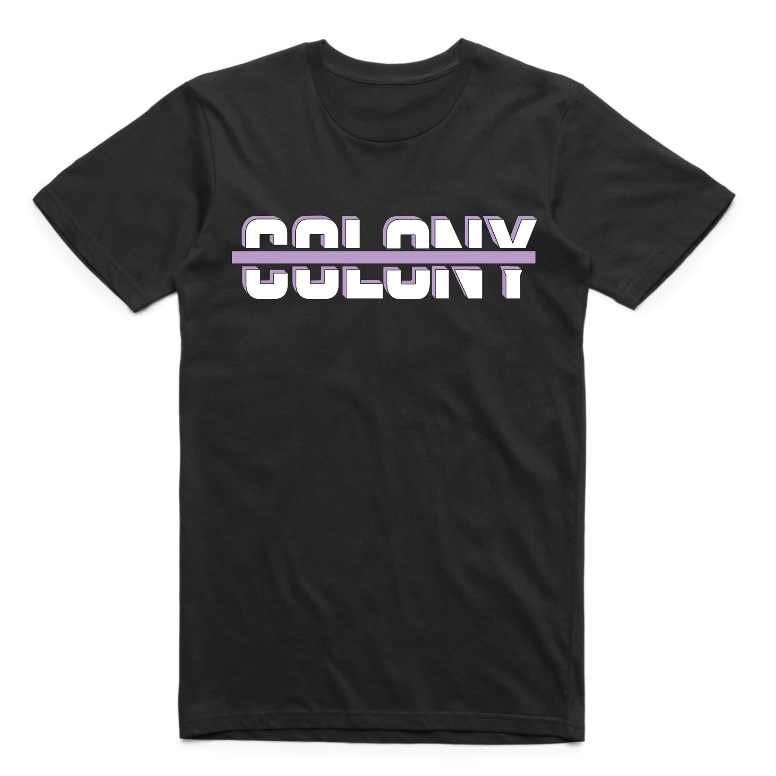 The Colony Strikethrough T-Shirt is a regular-fit black t-shirt that displays "COLONY" in white, with a purple line crossing through it. It's crafted from soft carded cotton.