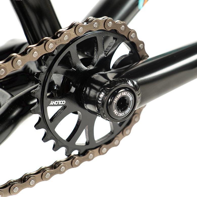 Close-up of a black bicycle crankset with a silver chain on a Colony Sweet Tooth Pro Elite 16 inch single-speed bike.