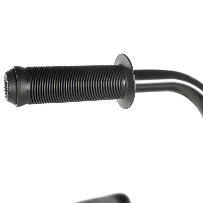 Close-up of a black Colony BMX handlebar, featuring a textured rubber grip and circular end cap, ideal for the Colony Sweet Tooth Pro Elite 16 Inch Bike.