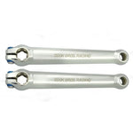 Two Cook Bros Racing Crank Set silver metal bicycle crank arms with "COOK BROS. RACING" engraved on them, laid side by side against a white background.