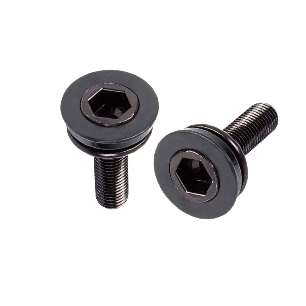 Two black Crank Spindle Compression Bolts (M8 x 1.0) with washers, perfect for 8 spline crank bolts or 19mm spindle setups, shown on a white background.