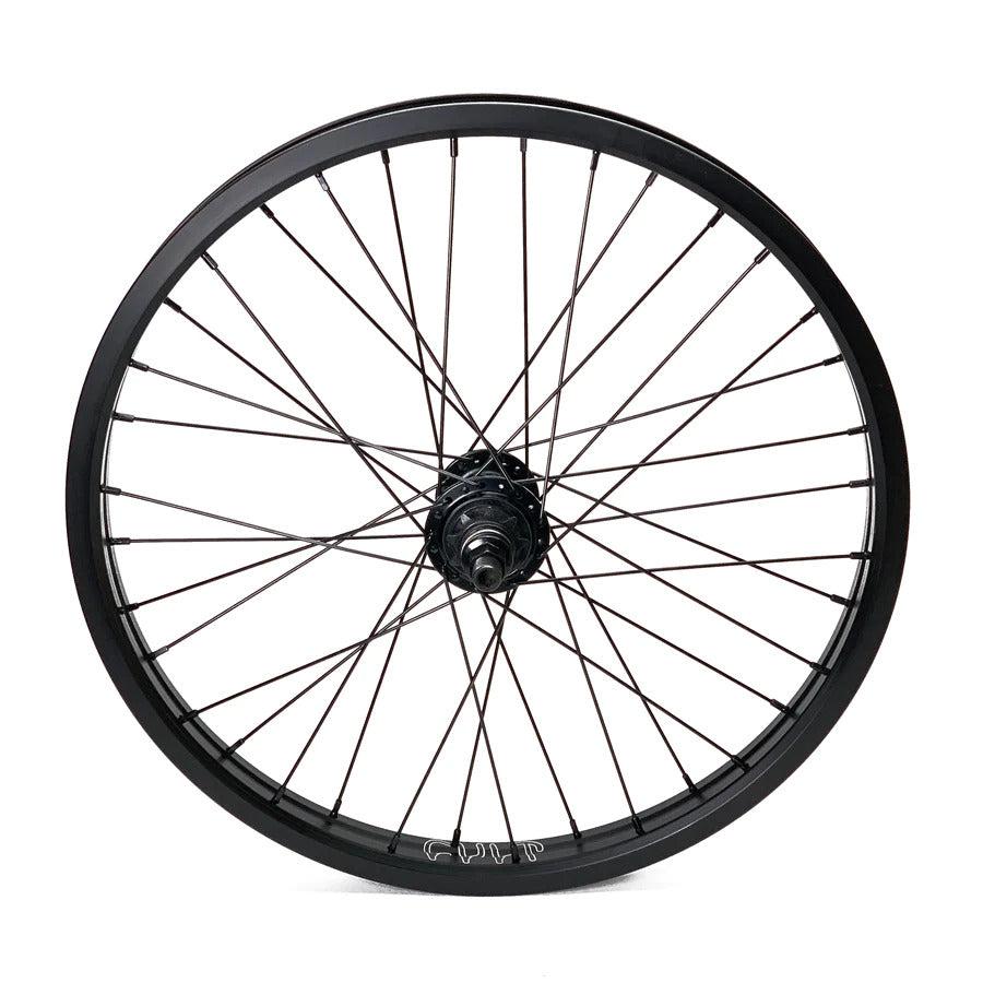 The Cult Devotion 20 Inch Rear Cassette Wheel, in black, boasts a double-walled rim and a sealed 9t driver, with a sleek side view highlighting its sturdy spokes.