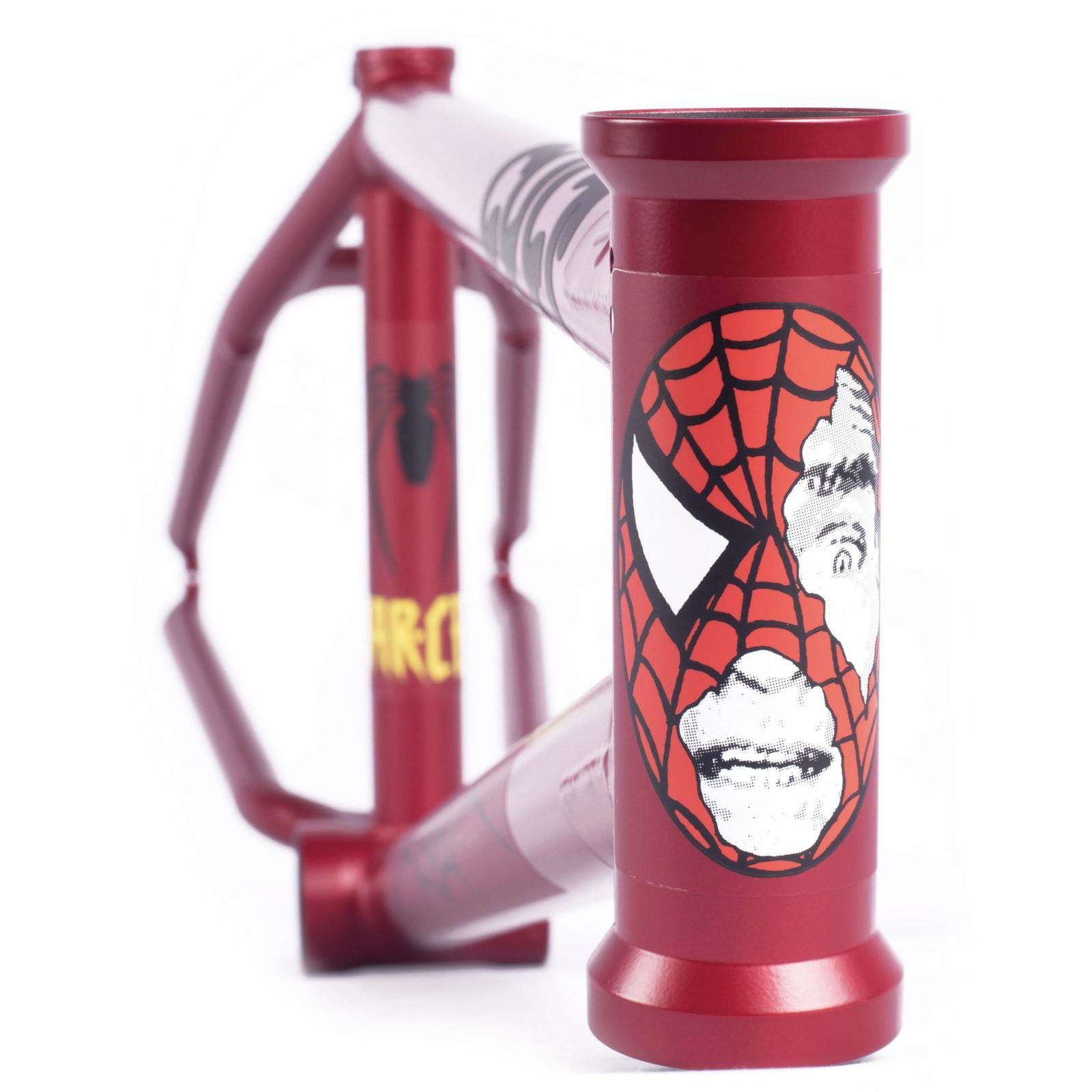 The Cult Heavens Gate Frame (Marcel Anderson Colourway) features a striking red design with Spider-Man graphics, including a web pattern on the head tube, reminiscent of the iconic Brandon Begin signature style.