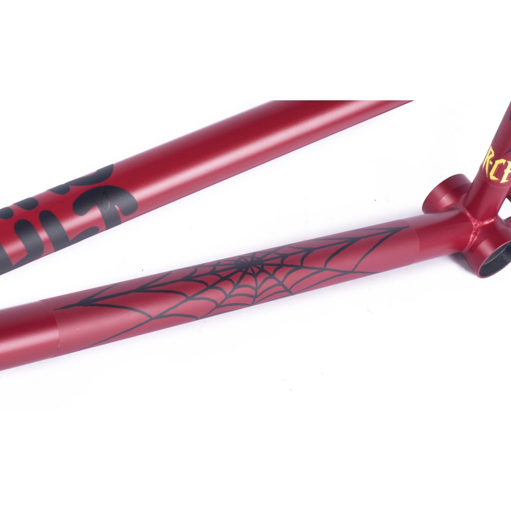 Cult Heavens Gate Frame in the Marcel Anderson Colourway, showcasing Spiderman-inspired graphics with a striking black spiderweb design and partial logo.