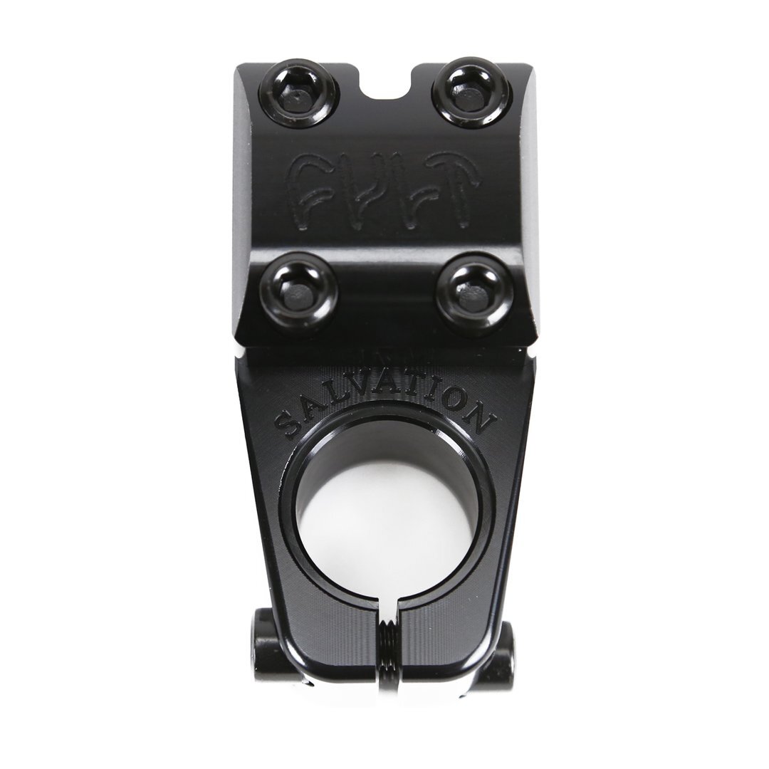 The Cult Salvation V4 Stem, made from sturdy 6061 aluminum, features "SALVATION" elegantly engraved on its black finish and includes four screws on top for enhanced clamping.