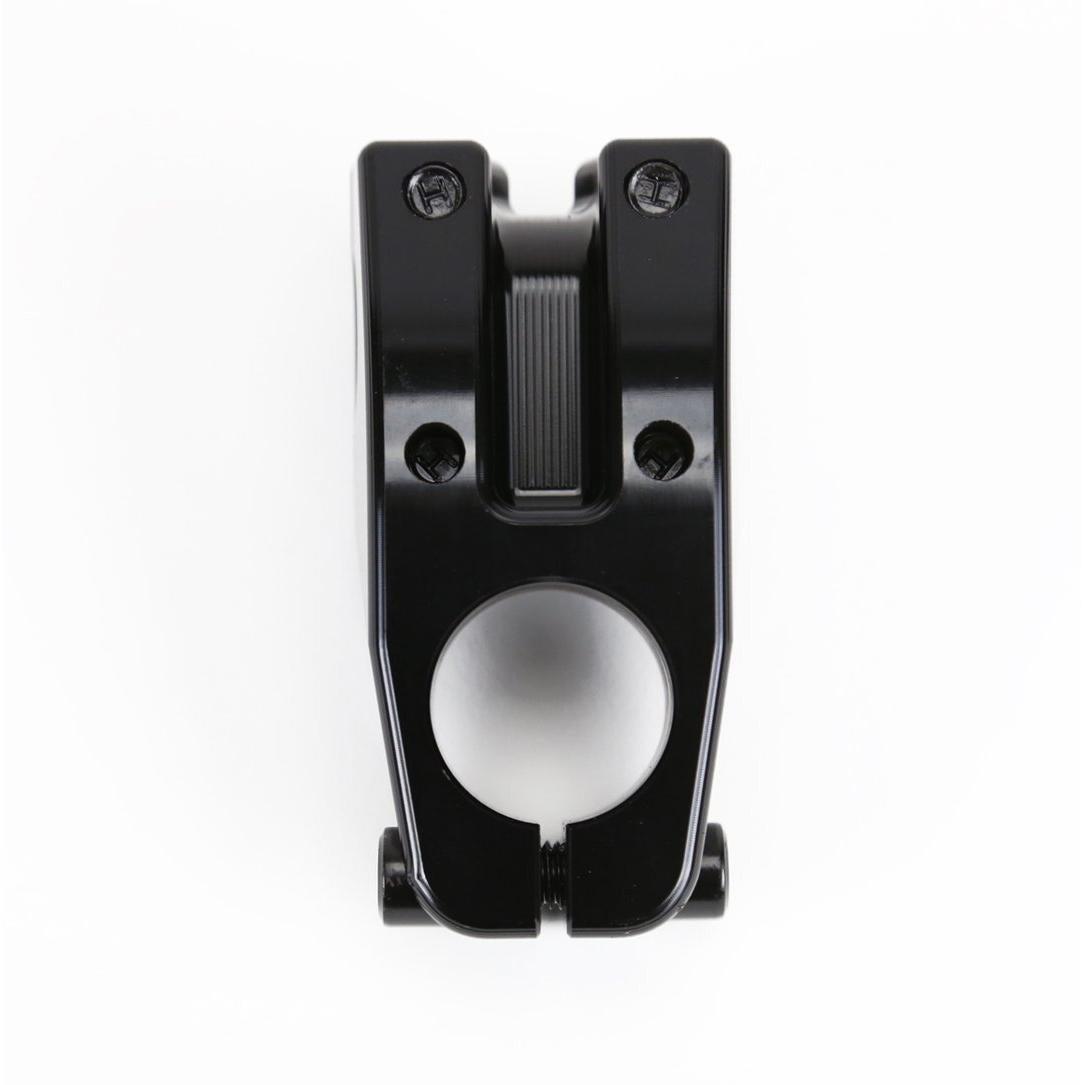 The Cult Salvation V4 Stem, made of 6061 aluminum, features an enhanced clamping area. Its black finish and four-screw design stand out elegantly on a clean white background.