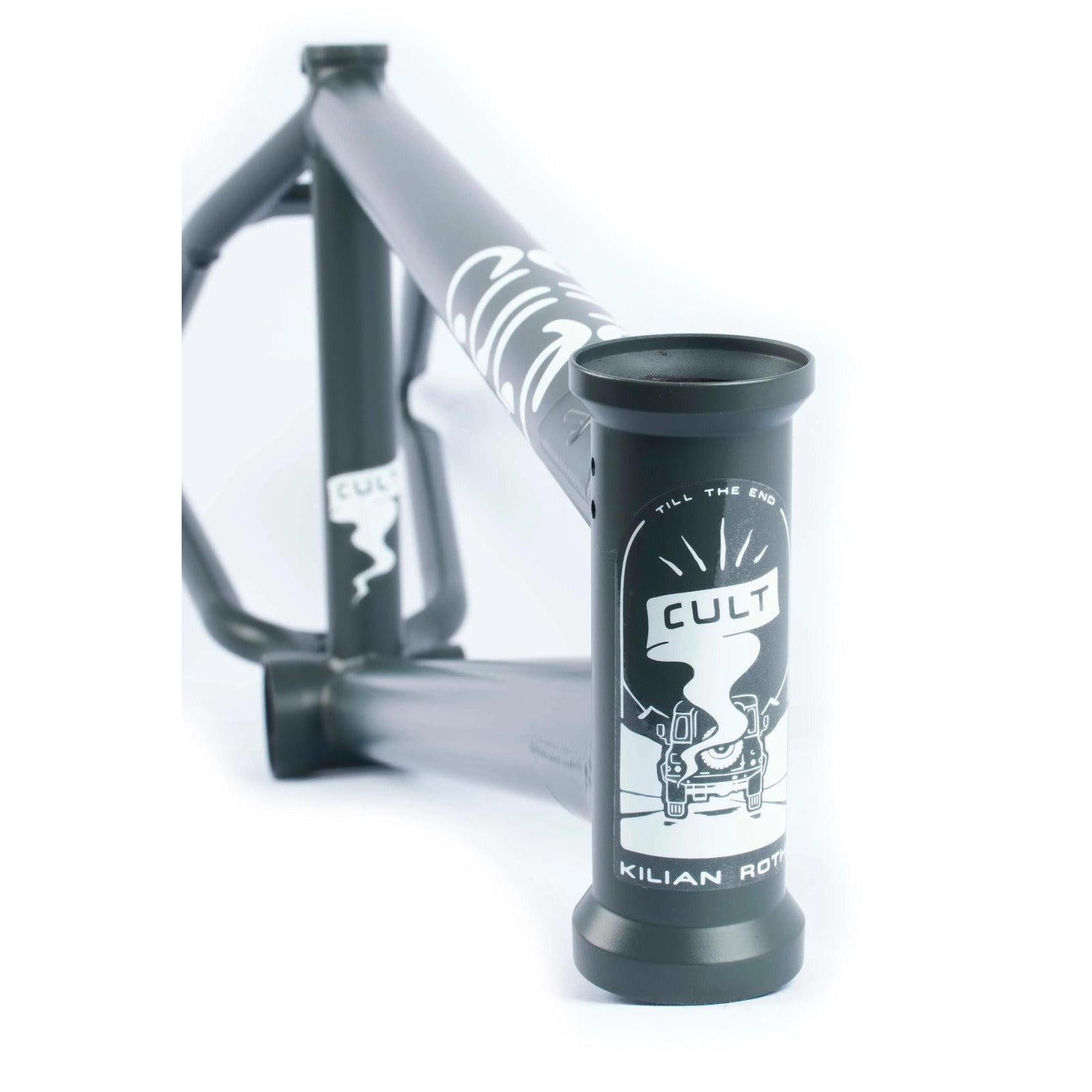 The Cult Shorty IC Frame, made from 100% cult classic tubing, features a black BMX frame with a white "Cult" logo and design including the text "Till the end" and "Kilian Roth," all set against a white background.