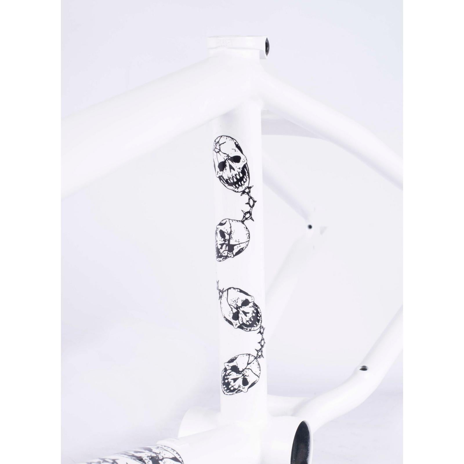 Close-up of the Cult Walsh Frame, a Corey Walsh signature BMX frame, featuring classic tubing with black skull graphics on the front tube, set against a plain white background.