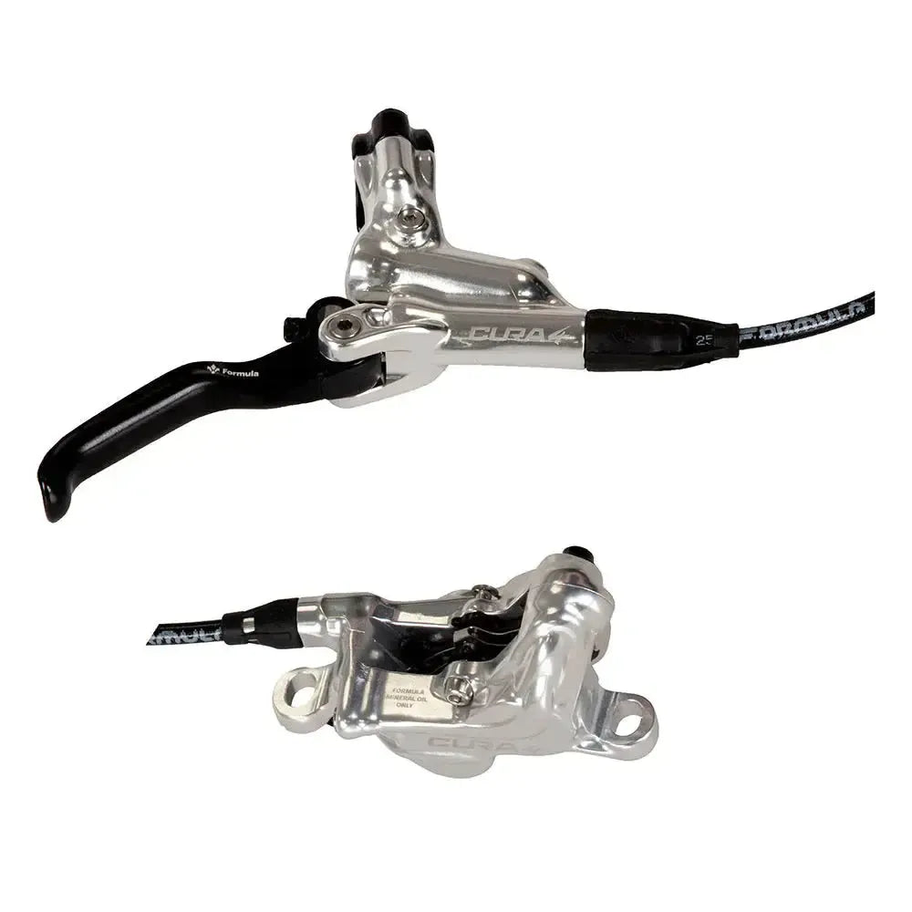Two views of the Formula Cura Disc Brake Kit - Post Mount for BMX racing, showing a brake lever assembly and a two-piston caliper connected by attached hoses.