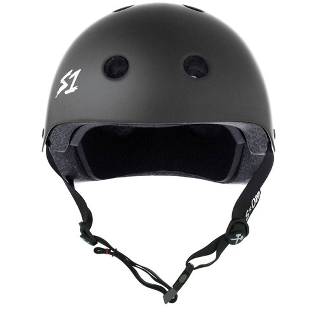 A certified S-One Helmet Lifer Dark Grey Matte with a logo for protection.