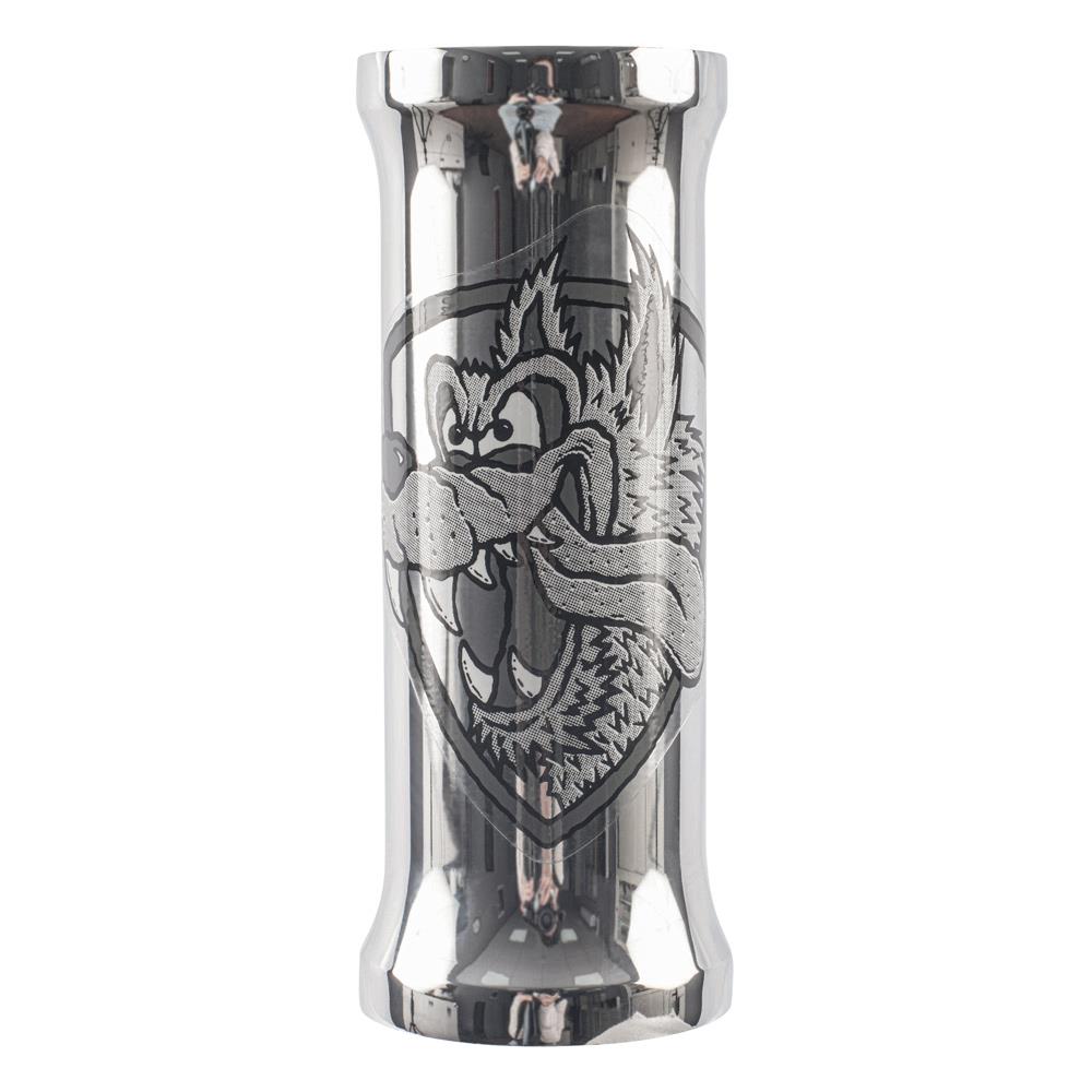 A shiny, cylindrical metal object featuring an engraved cartoon wolf face and shield emblem on the front, inspired by the Subrosa Speedwolf V2 Race Frame.