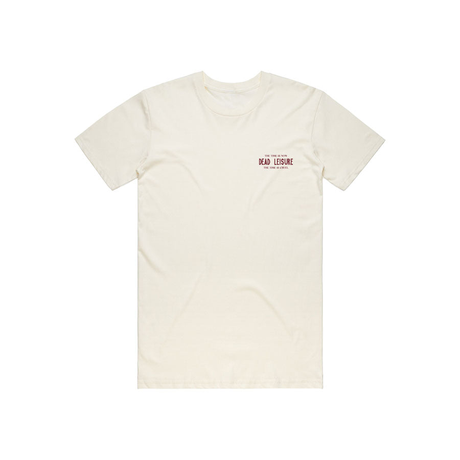 A Dead Leisure The Time Is Cruel T-Shirt with a red logo from Dead Leisure printed in Melbourne, supporting Australian brands.