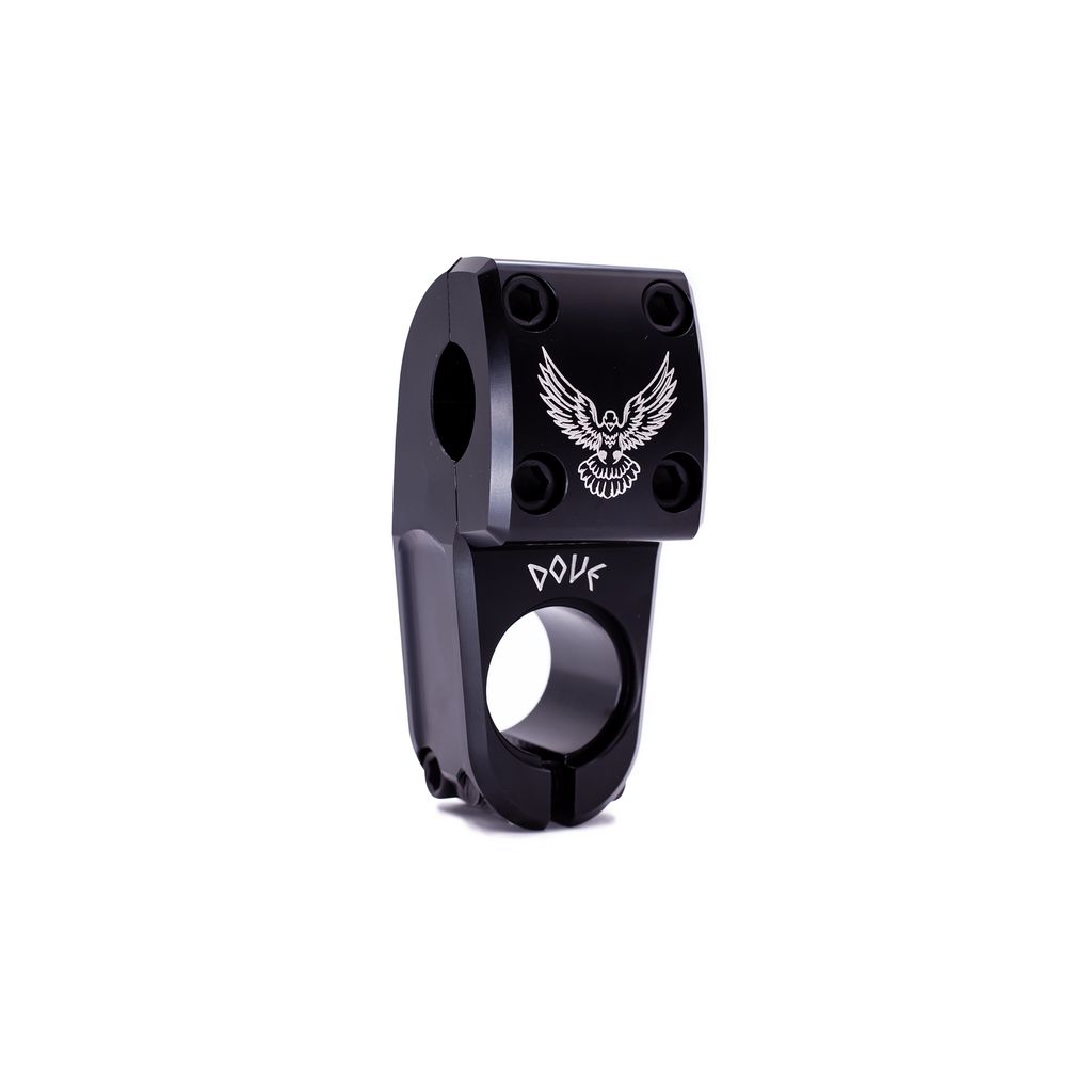 Demolition Josh Dove Stem: This black BMX bike stem features an engraved eagle design with "DOUF" text, two bolt holes, and a cylindrical clamp. It adds a sleek touch to your ride.