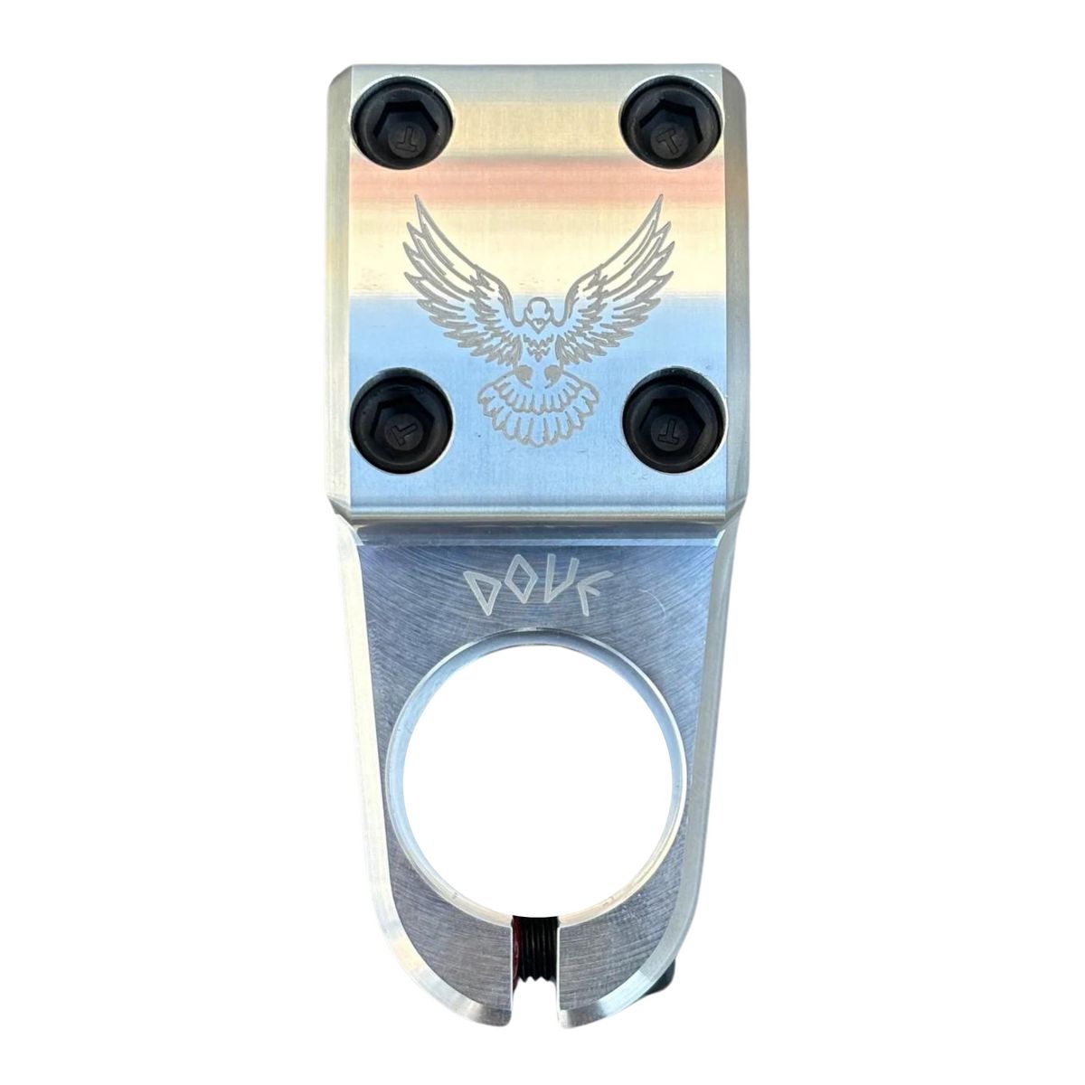 Presenting the Demolition Josh Dove Stem, a metallic marvel featuring a bird logo and secured with four black screws on top. The front face proudly displays the brand name, capturing both strength and style.