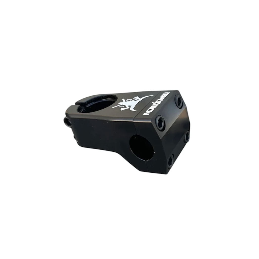 The Demolition Kevin Peraza Front Load BMX Stem in black features a logo on top, four bolt holes, and is ideal for securing BMX bike handlebars.