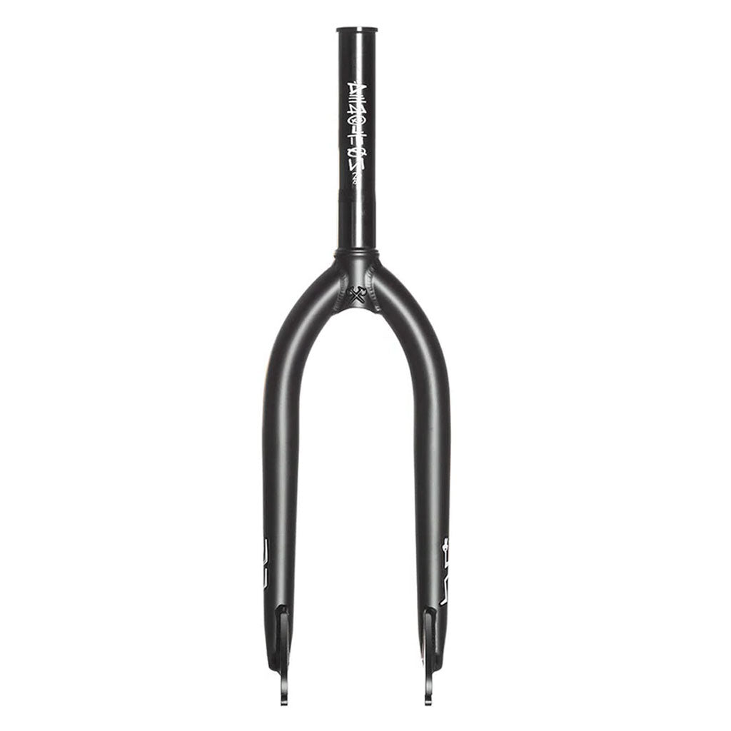 The Demolition Kevin Peraza KP Forks, with a black heat-treated CR-MO build and straight steerer tube, showcase the Kevin Peraza Signature design, ideal for your bike's front frame.