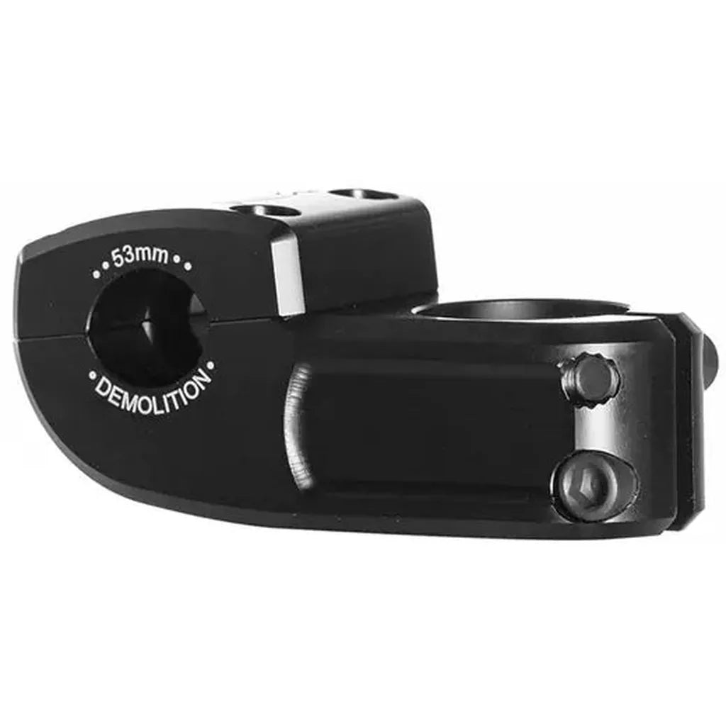 The Demolition X Markit Top Load Stem is a robust black BMX stem with "DEMOLITION" and "53mm" engraved on the front clamp, featuring bolt holes and a durable, machined alloy construction.