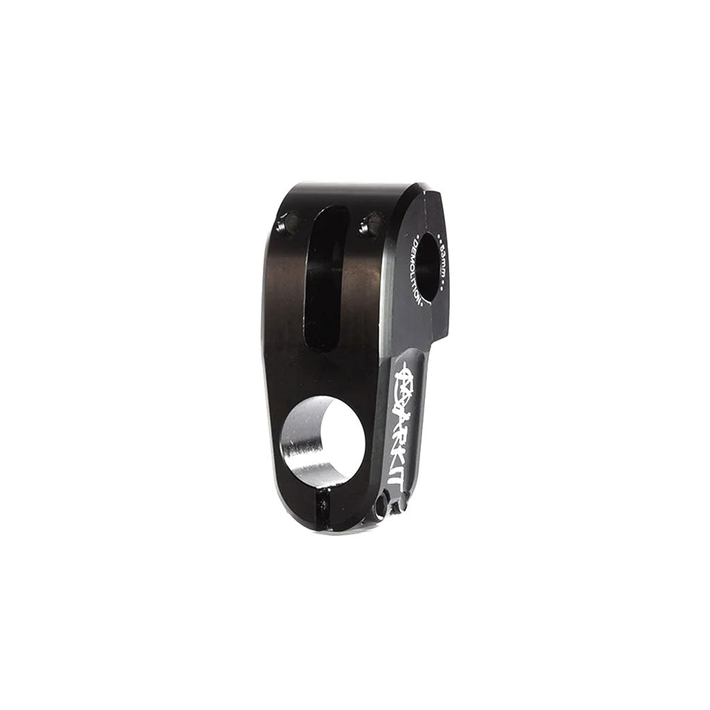 A black alloy stem bicycle component with a sleek design, featuring the name "Demolition X Markit Top Load Stem" printed on the side, showcasing lightweight construction and extensive machining.