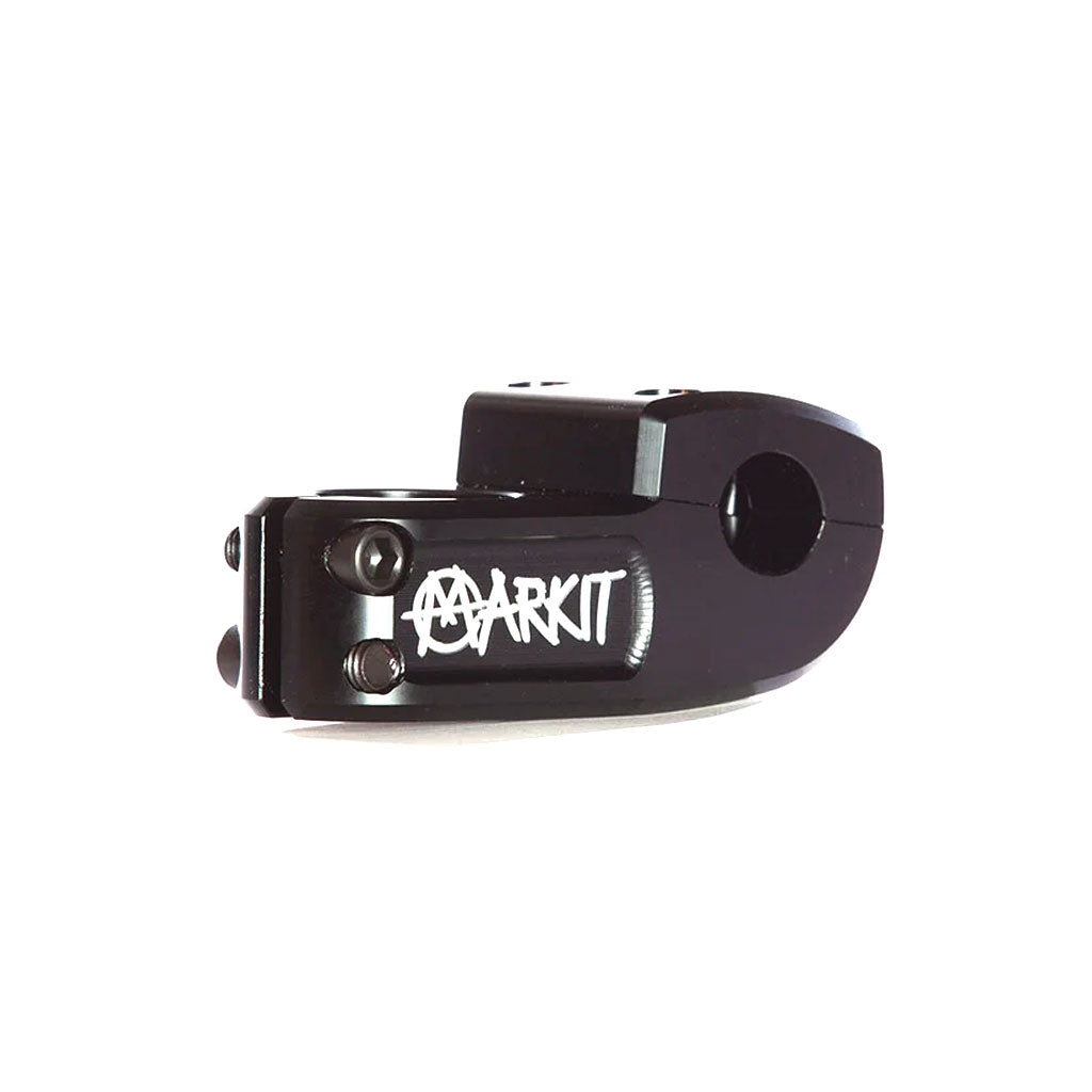 The Demolition X Markit Top Load Stem is a black mechanical component featuring the "Tarkit" logo alongside an anarchy symbol, meticulously crafted for precision with extensive machining, and designed with a lightweight alloy stem.