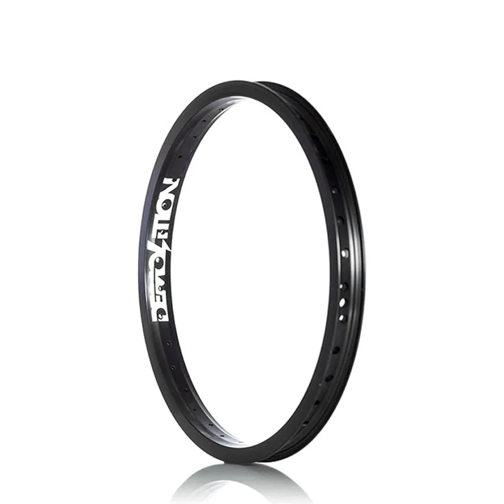 A super strong Demolition Zero Plus Rim, black and circular with 36 holes and the word "EMOTION" printed in white on one side, engineered for durability and performance.