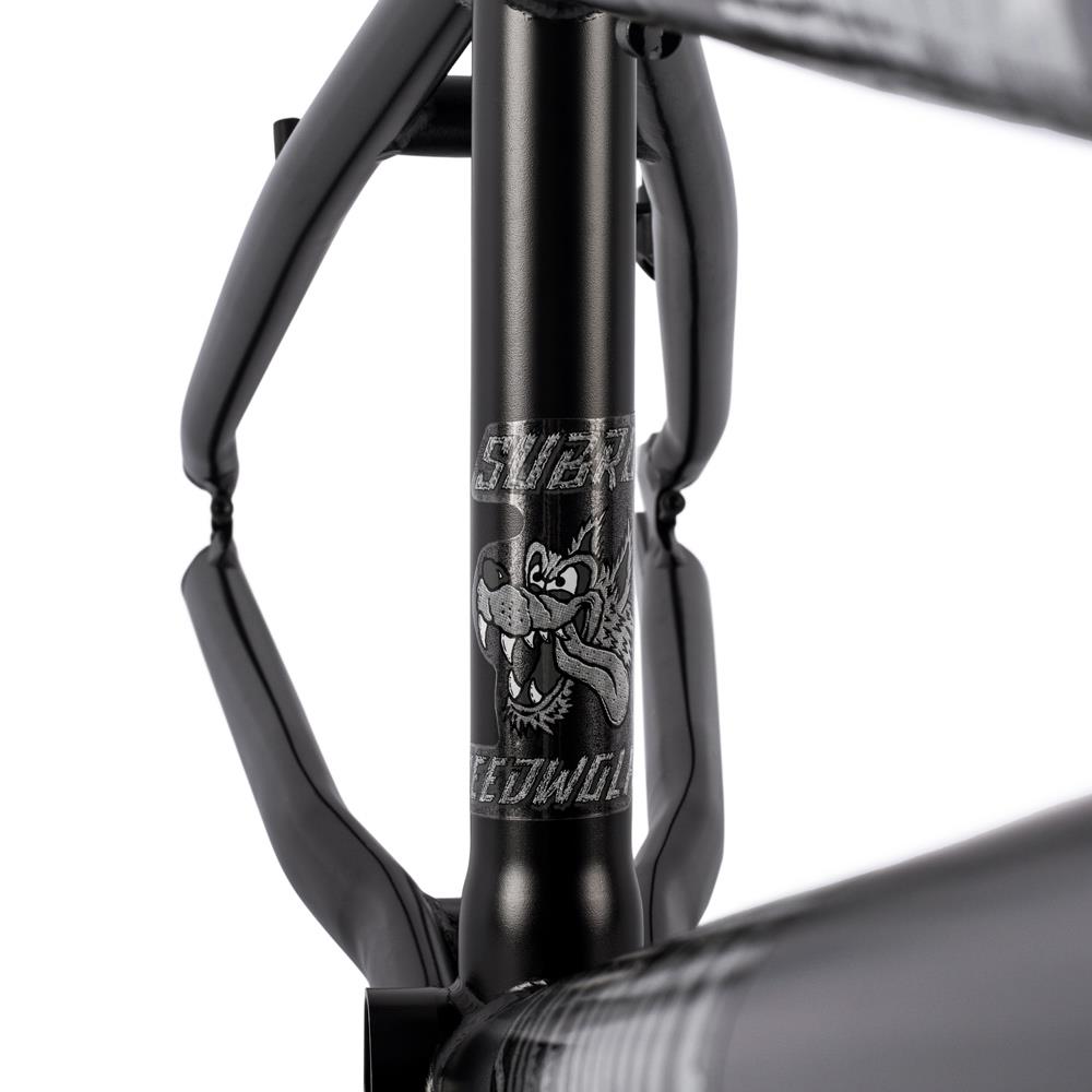 Close-up of the Subrosa Speedwolf V2 Race Frame, showcasing a snarling wolf graphic and the words "SILVER" and "REDWOLF" on the head tube—a bold choice for BMX racing fans.