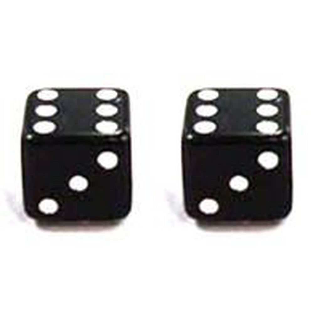 Two Dice Valve Caps, resembling sleek black dice, each feature five white dots, representing the number five.