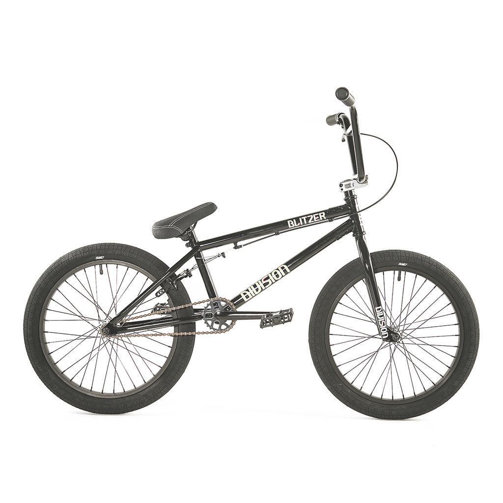 Introducing the Division Blitzer 20 Inch Bike: This sleek black BMX bike boasts "Fusion" branding on a white background, and features a hi-tensile frame, padded seat, straight handlebars, and thick tires.