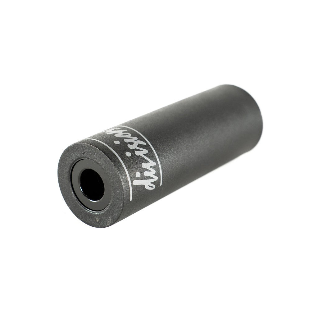 A Division Dynamic Plastic Peg (Each) / 10-14mm Black crafted from a lightweight alloy with the word "division" written on it in white text. It features a hollow opening at one end.