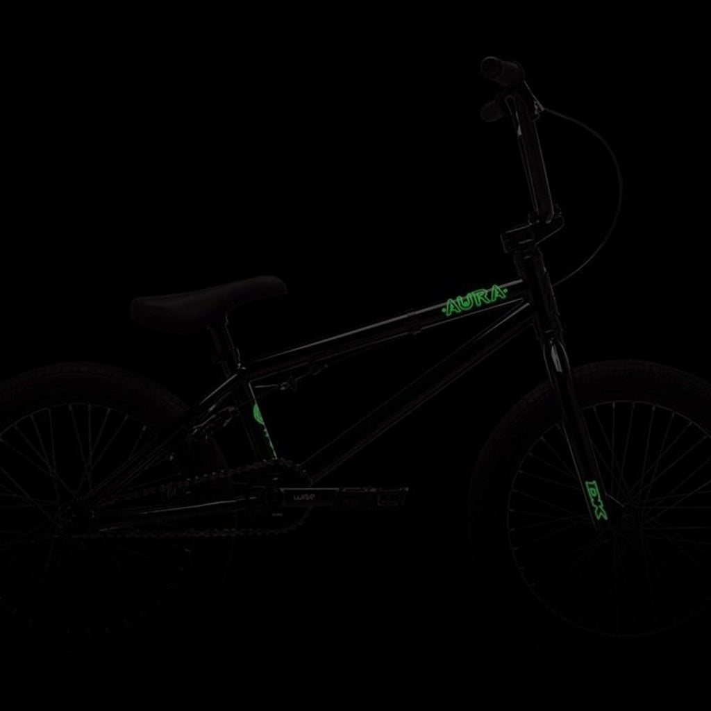 The DK Aura 18 Inch Bike is a sleek black bmx bike equipped with cool green lights, making it a standout choice. With its 18-inch wheel size, this mini BMX bike.