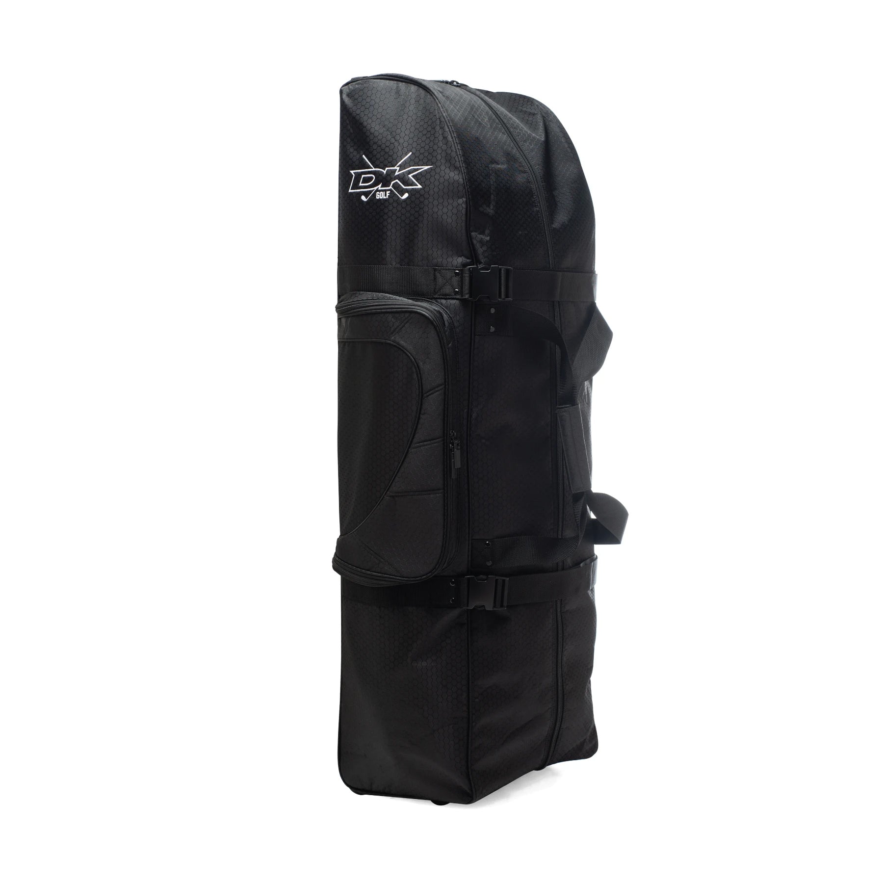 The black travel snowboard bag, similar in design to the DK Golf Flight Bike Bag, stands upright with side pockets and buckle straps for secure closure.