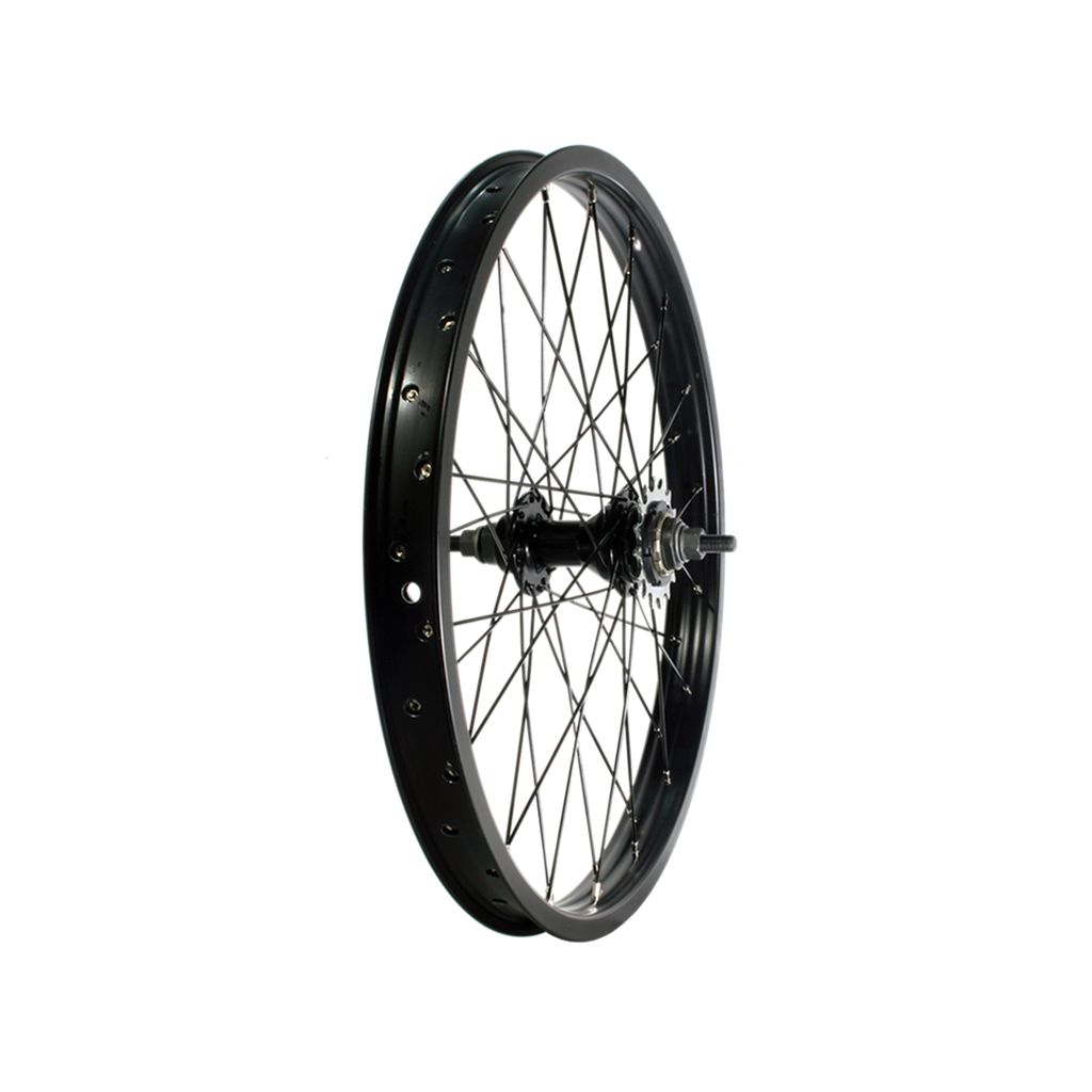 The DRS Pro Rear Wheel / 16T (10mm Axle), featuring black spokes, a Shimano HG hub, and a double wall rim, is shown upright against a white background.