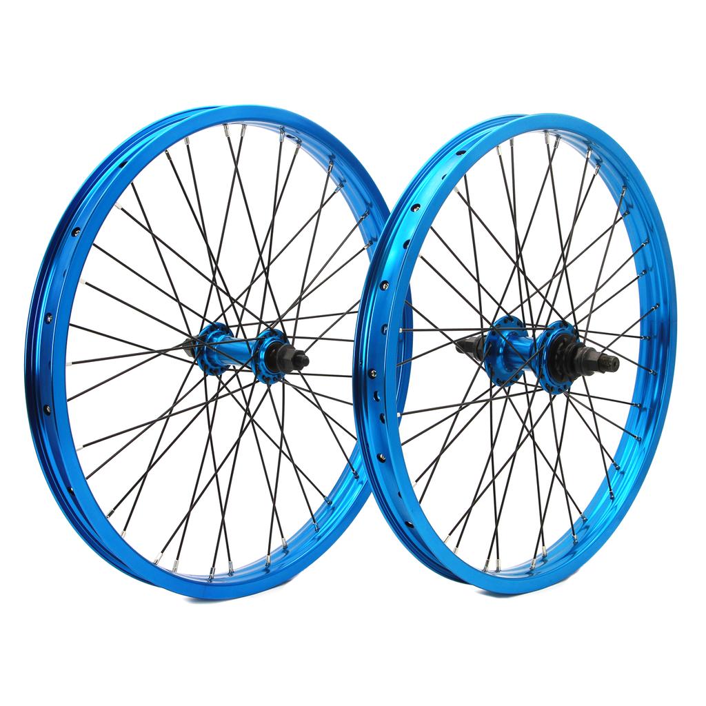 The DRS Expert Wheelset, featuring blue 20-inch BMX wheels with black spokes and double wall rims, is shown upright and side by side against a white background.