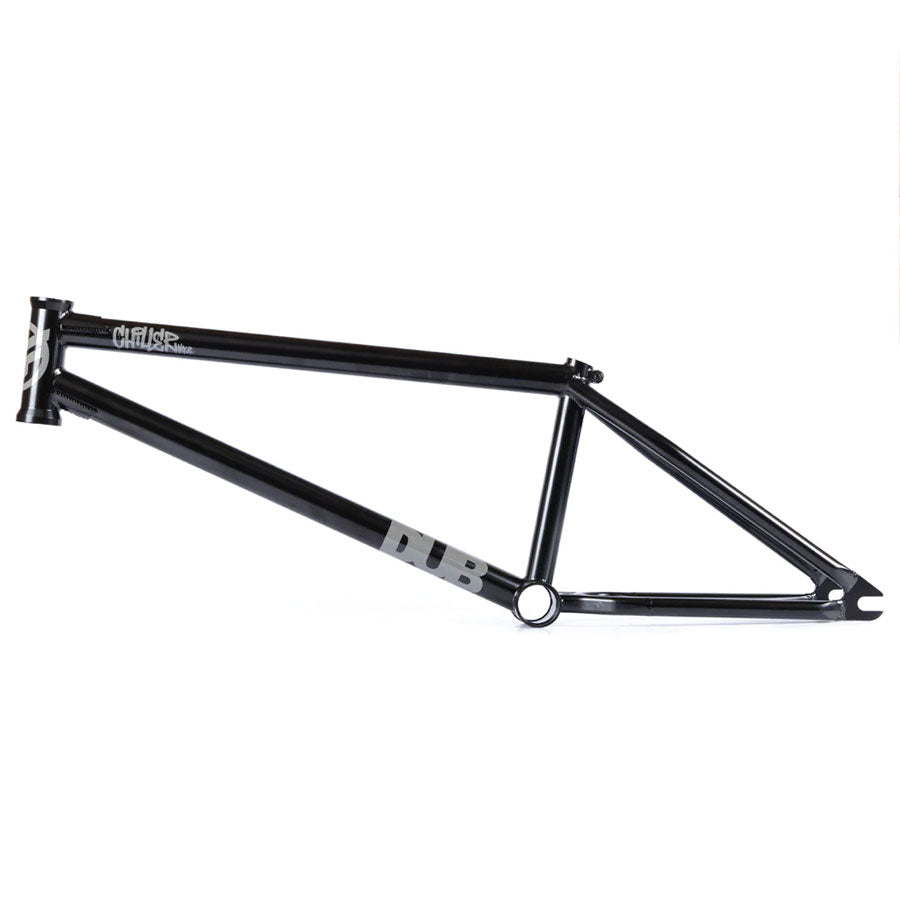 A black bmx frame on a white background featuring the Federal Dub Chiller Frame and ICS2 Frame.