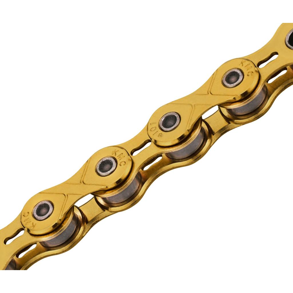Close-up view of the KMC E101 Chain (1/8 Inch) in gold, highlighting its visible links and rivets.
