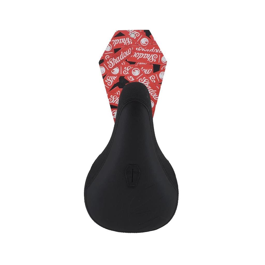 The Shadow Crow'd Pivotal Seat is a black bike seat with a synthetic leather cover and a red-and-white "Shadow" graphic on the rear.