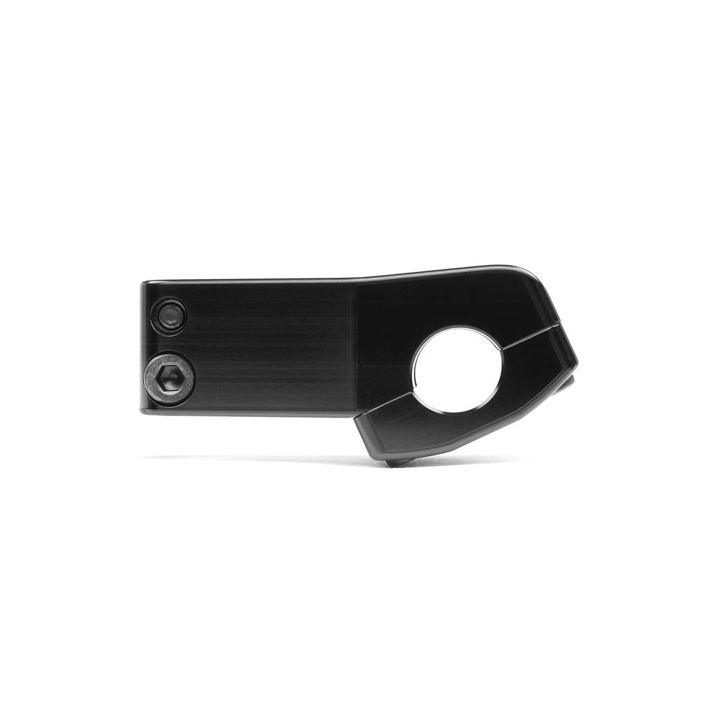 The Eclat 1023 Stem is a CNC machined, black metal bicycle stem with mid-school styling, featuring bolt holes and a circular opening, presented against a white background.